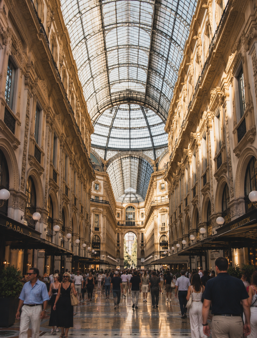 The glass-vaulted Galleria Vittorio Emanuele II in Milan, late sun on the stone