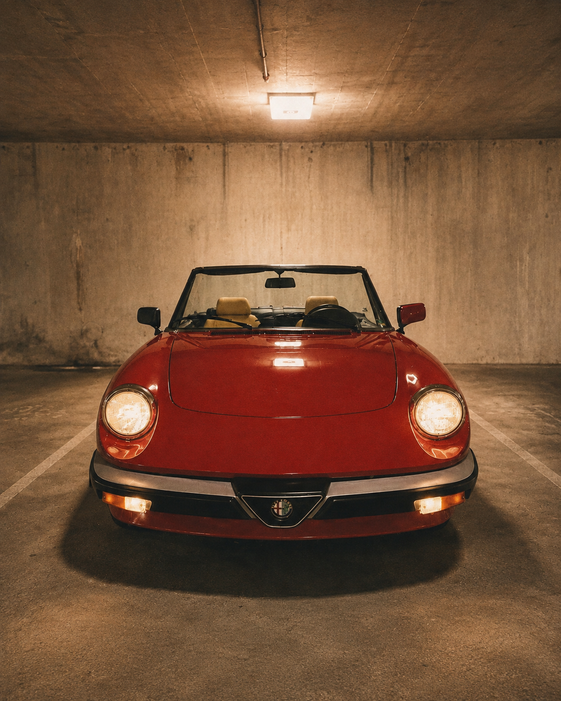 A red Alfa Romeo Spider viewed head-on in a concrete garage