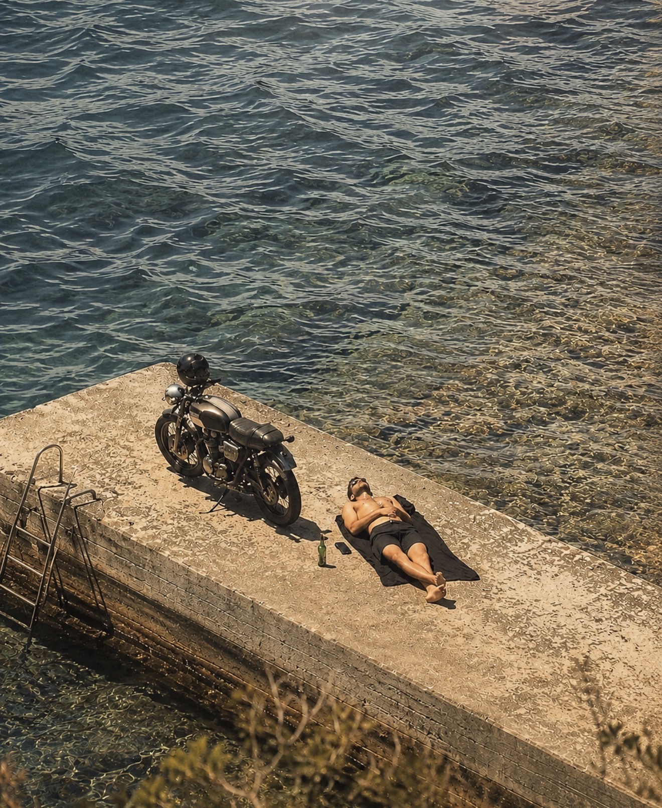 A motorcycle and a person sunbathing together on a stone platform beside clear water