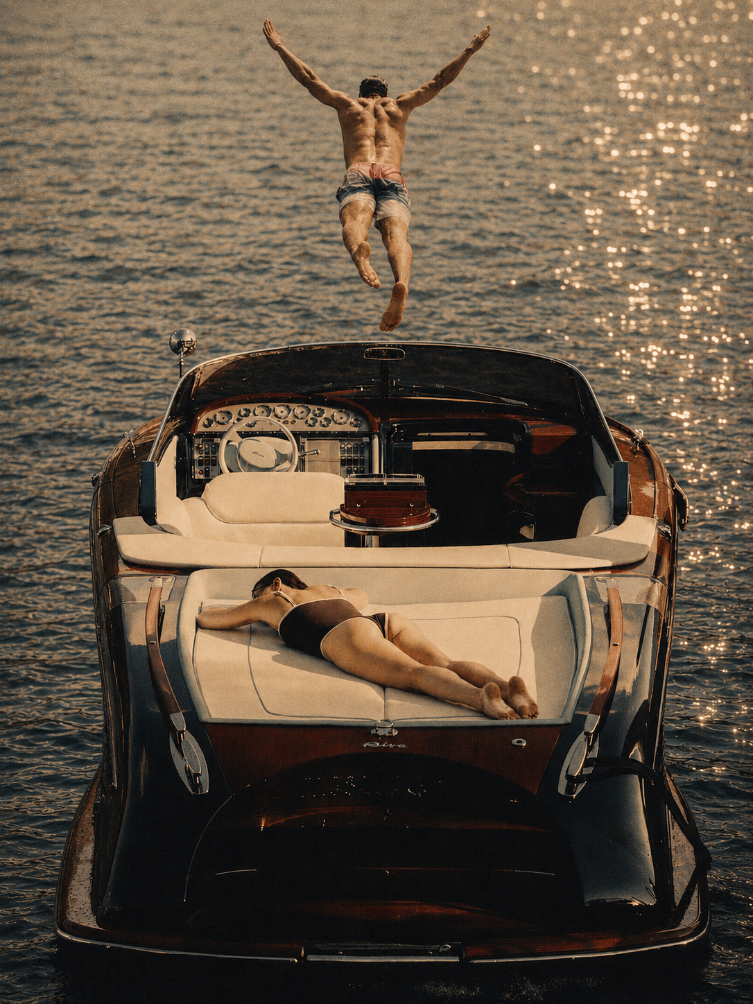 A man jumping from a motorboat while a woman rests on the stern sunpad
